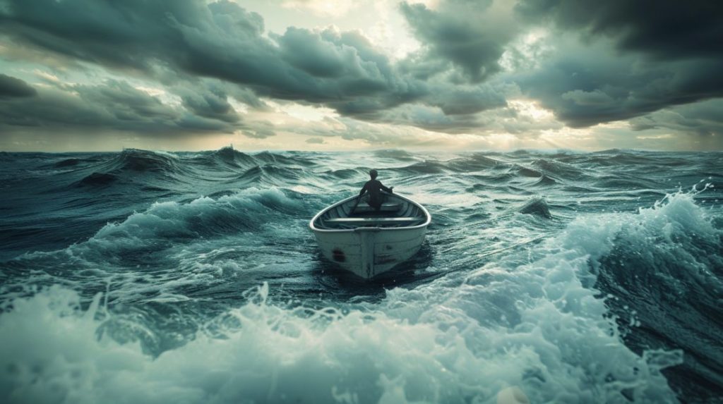 Captivating and poignant photography of a small boat navigating turbulent waters with a solitary figure steering, symbolizing overcoming financial challenges, amidst a sea of calm and stormy patches with hopeful light shining through clouds